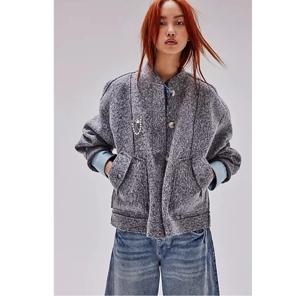 Free People Oversized Willow Bomber Jacket in Grey Size Large Academia Preppy - Picture 1 of 13